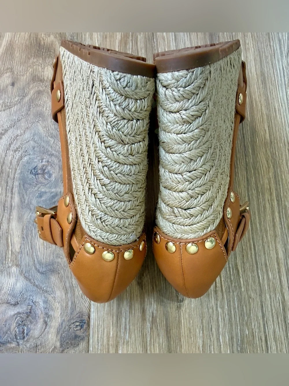 Michael Michael Kors Somerly Leather Wedge Sandals Peanut Size 6.5M